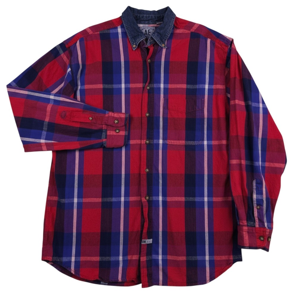Vintage 90s American Eagle Shirt Men L Red Blue Plaid Denim Button Down Workwear